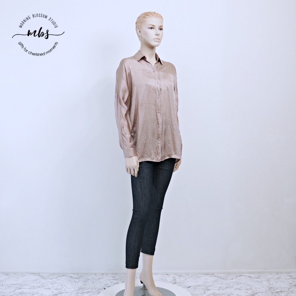 Vince Silk Satin Lustrous Button Down Long Sleeve Shirt Dusty Rose Taupe Women M